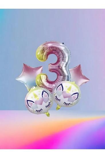 Happyland Unicorn 3 Yaş Rakam Balon Seti Unicorn Konsept Doğum Günü Balon Seti
