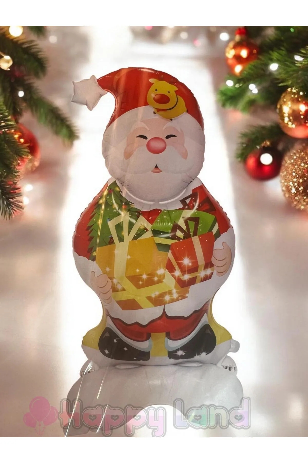 Yılbaşı%20Ağacı%20Noel%20Baba%20HediyePaketiTutan%20Model%20%203d%20Folyo%20Balon%20Ayakta%20Duran%2090Cm