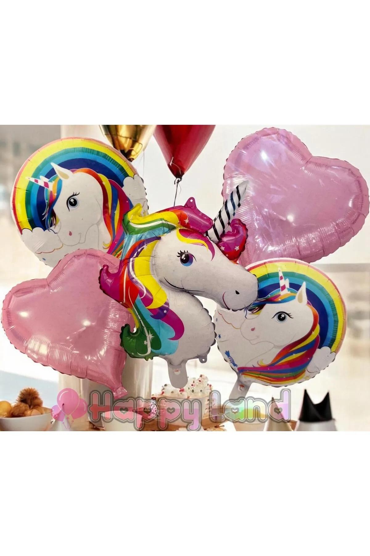 Happyland%20Unicorn%205’li%20Pembe%20Unicorn%20Folyo%20Balon%20Seti%20Unicorn%20Doğum%20Günü%20Süsleri