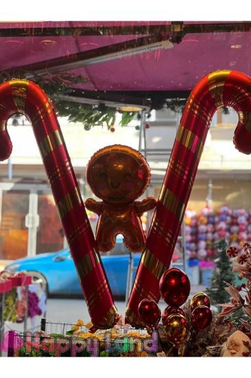 Happyland 2 Adet Yılbaşı Baston Şeker Kamışı Büyük Folyo Balon ve Gingerbread Folyo Balon Seti (3)