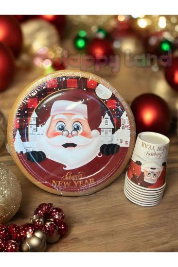 Yılbaşı Noel Baba Desenli Tabak Bardak Yılbaşı Temalı Tabak Bardak Seti