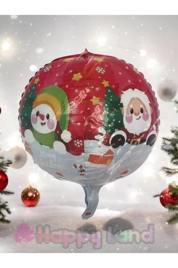 Yılbaşı Noel Baba ve Kardanadam Desenli Yuvarlak Folyo  Balon 22 inç 55 cm Yılbaşı Balonu